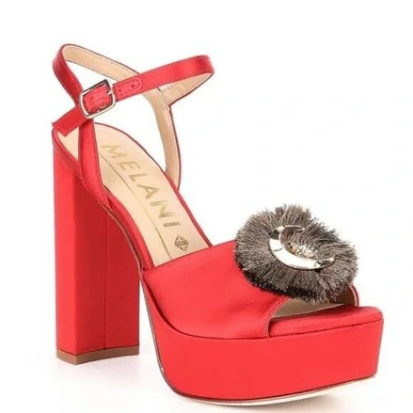 Antonio Melani Red Satin Celestial Fringe Ankle Strap Platform Heels Sz 9.5 - Picture 1 of 12